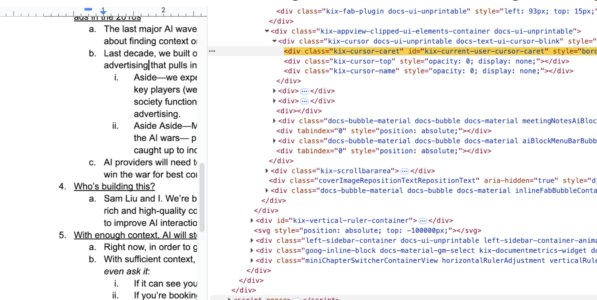 Reverse-engineering approach to finding text elements in Google Docs